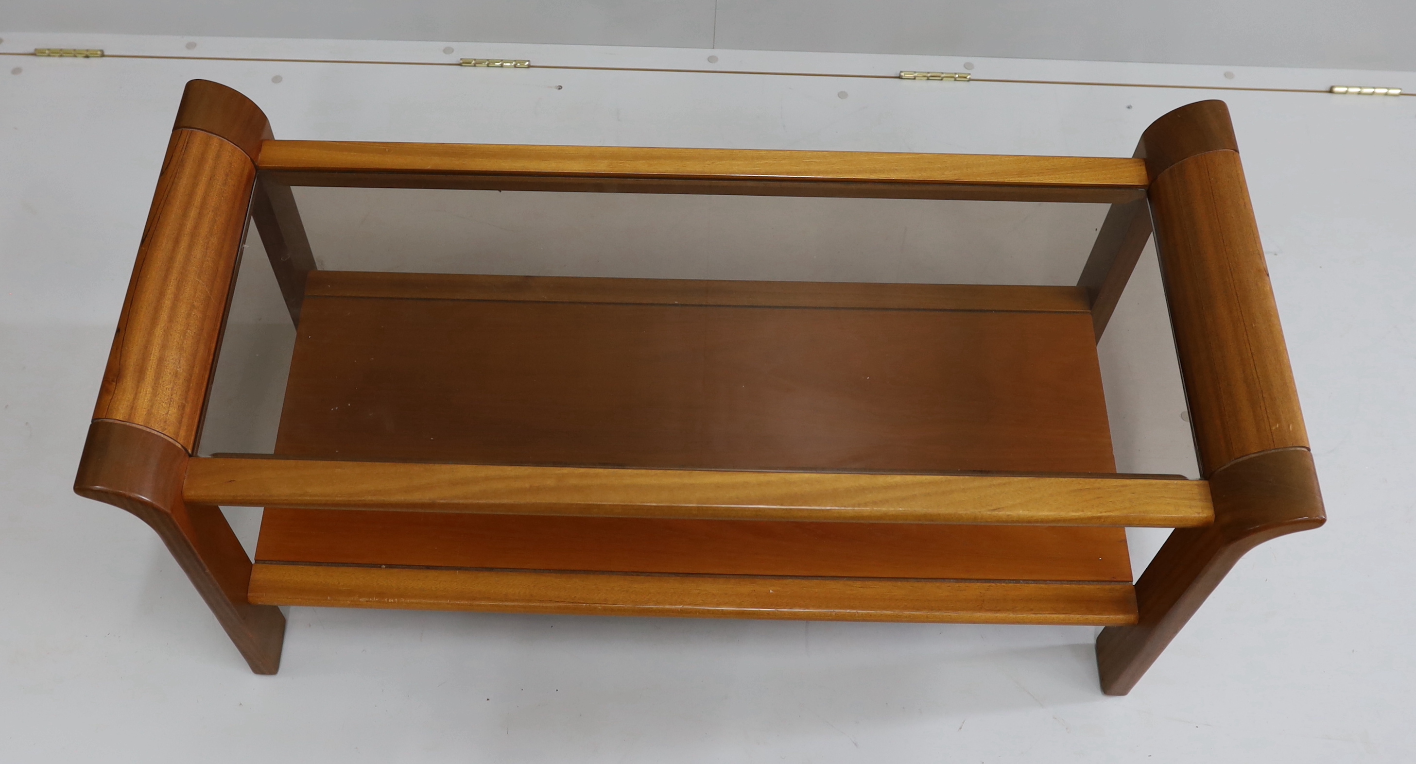 A mid century teak glass top two tier coffee table, length 113cm, depth 49cm, height 50cm